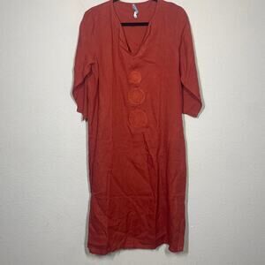 Field Size Medium Linen Maxi Shift Dress Burnt Orange 3/4 Sleeves Side Slits